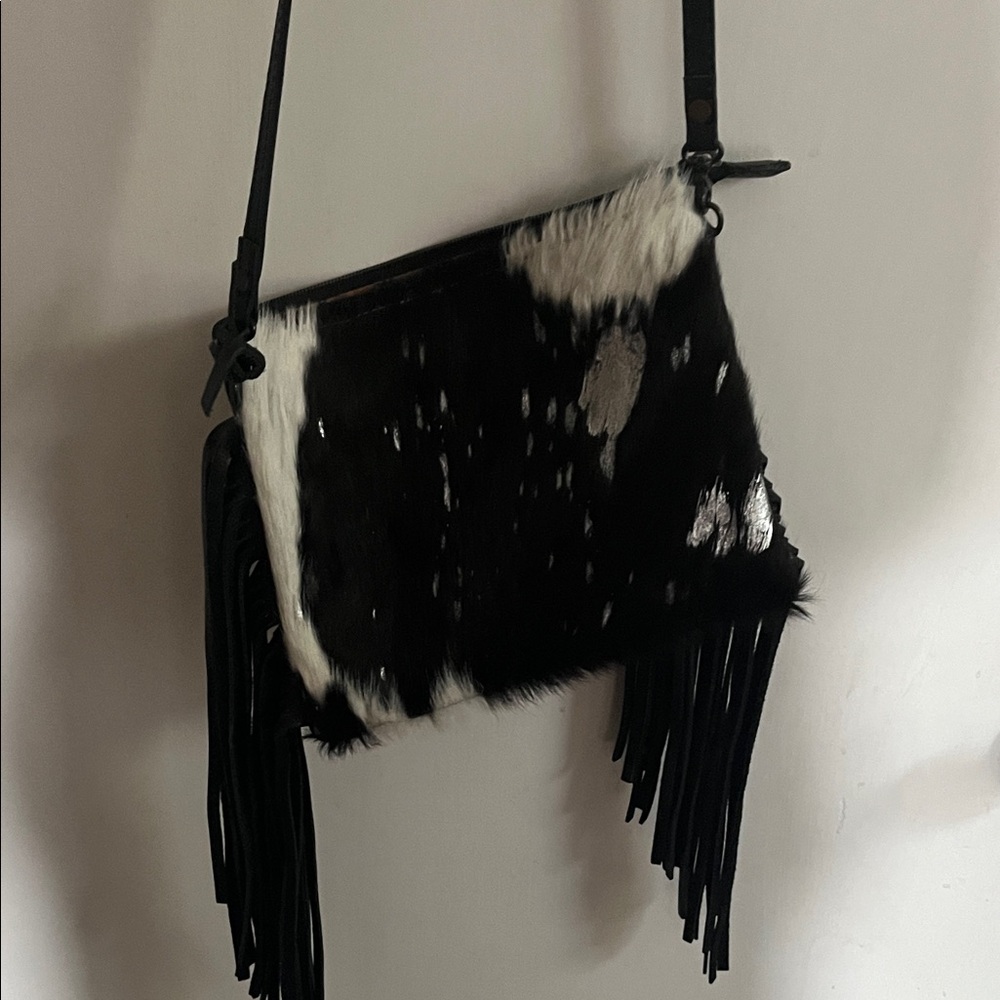 Black and White Cowhide & Leather Fringe Crossbody Bag - Picture 2 of 5